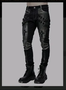 Pantaloni skinny Devil Fashion uomo neri gotici punk fibbia incrociata taglia L - Foto 1 di 10