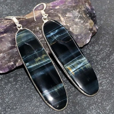 Stunning Black Tiger Eye 925 Silver Plated Earrings 2.7" New Arrival GW - Image 1 of 3