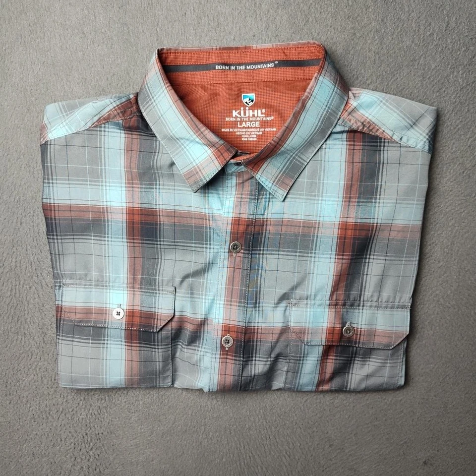 Kuhl Shirt Mens Large Gray Blue Plaid Short Sleeve Button Front Outdoor 7153 - Image 1 of 4