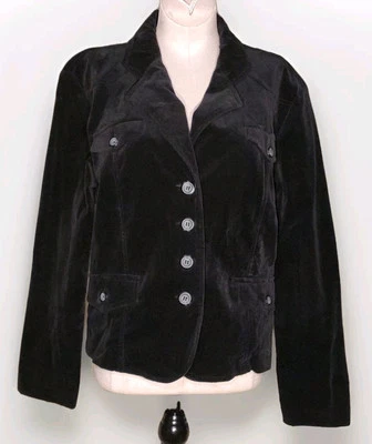 DCC Stretch - Black Velvety Short Button Front Fitted Jacket - Size Large - Image 1 of 3