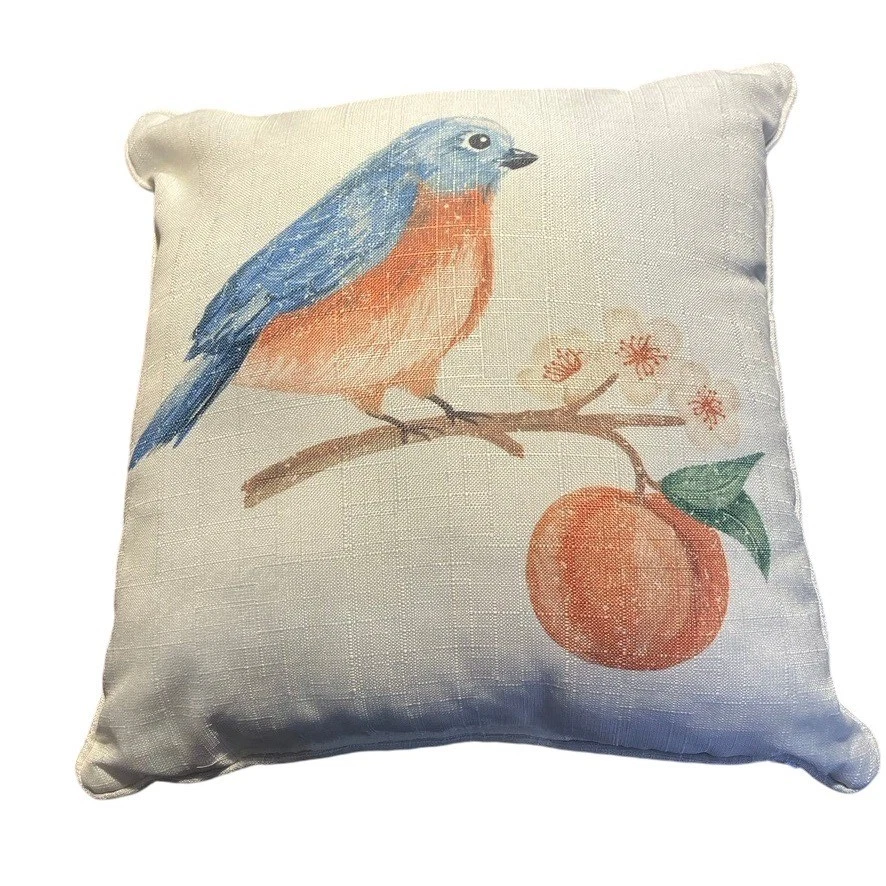 Decorative Throw Pillow Bluebird Peach Blossoms Fruit Bird Garden Spring Accent - Image 1 of 4