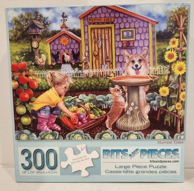 Bits & Pieces 300 Large Piece Puzzle Harvest Time Child Garden Corgi Flowers - Image 1 of 4