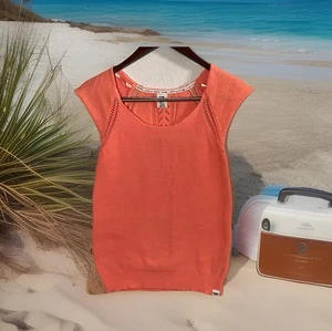 ROXY Light Sweater XS Orange-Pink Crochet Back Beach Resort Vacation Surf Girlie - Picture 1 of 7