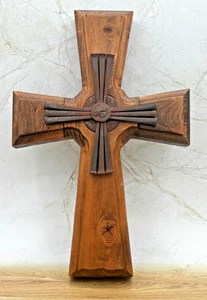 Rustic Handcrafted Wooden Wall Cross 12x8” Signed OEST Metal Nail Detailing EUC - Picture 1 of 16