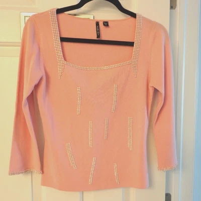 VENINI Women's Sweater Pink w/Sparkly Trim, 3/4 Length Sleeves Sz. S Square Neck - Image 1 of 4