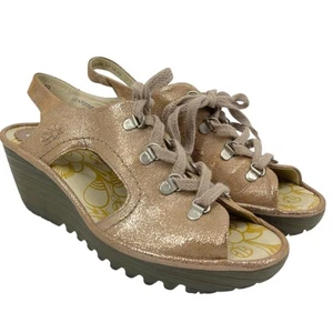 FLY LONDON Wedge Sandals YLFA Metallic Rose Gold Tan Lace Up Womens 40/9 - Picture 1 of 14