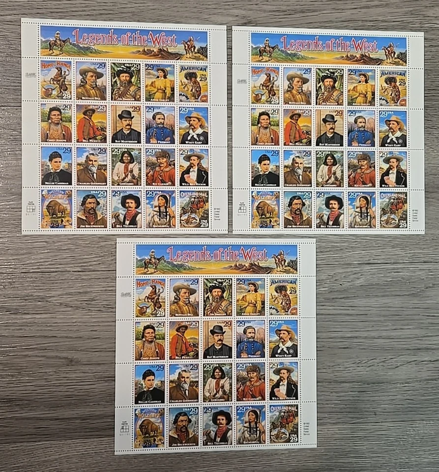 3 USPS 1993 LEGENDS OF THE WEST FULL SHEET 29¢ Stamps BUFFALO BILL  OAKLEY MNH - Image 1 of 4