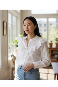 LOFT Damen weiße Rüschen Häkel Bluse XL Academia Twee romantisch Boho adrett  - Bild 1 von 8
