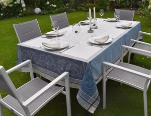 Tablecloth Jacquard Cotton 160x250 cm Ornaments Blue Beige France - Picture 1 of 8