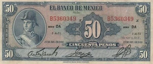 Mexico: $50 Pesos Ignacio Allende Dec 27, 1950 Banco de Mexico. - Picture 1 of 2