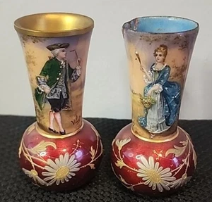 2 Rare 1800s Antique Miniature French Limoge Vases Foil Couple Signed Vilert - Picture 1 of 23