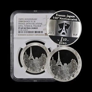 FRANCE. 2008, 1-1/2 Euro, Silver - NGC PF69 - Sensoji / Eiffel Tower 金龍山浅草寺 - Picture 1 of 5