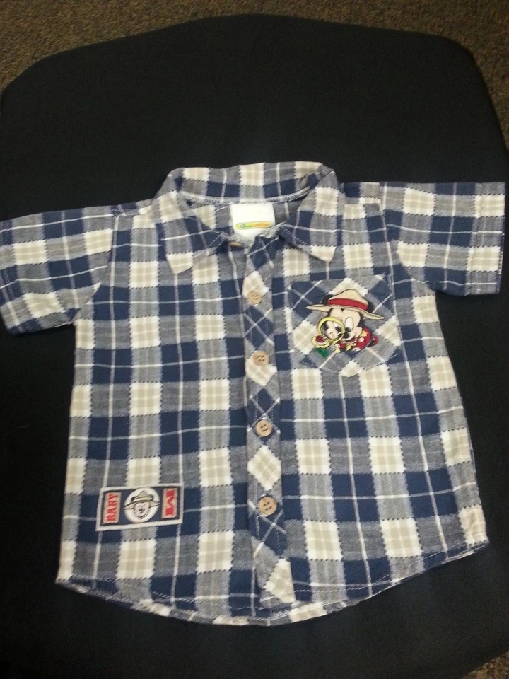 Camisa de Mickey Mouse con botones azul blanco apliques a cuadros para niños y niños de la S a la M Foto 1 de 4