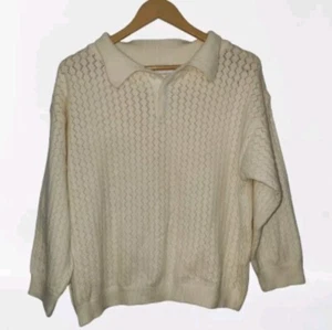 Shekou Sweater Size Large Button Collar Open Knit Preppy Stretch Ivory Neutral - Picture 1 of 7