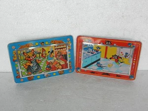 Vintage 2 Pc Micky Mouse & Cat In Kitchen Scene Litho Tin Wall Hanging Boards - Picture 1 of 9
