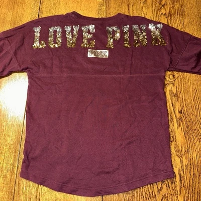 PINK Victoria Secret Bling Sequin Spell Out Logo Dog Varsity Crew Spirit Shirt S - Image 1 of 4
