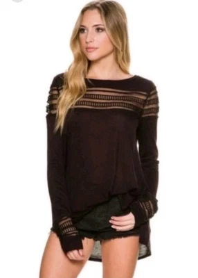 Camisa Top Free People Talla S Roxie Malla Inserto Manga Larga Mujer Negra C18-72 Foto 1 de 4