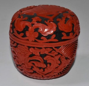 Amazing Chinese Round Cinnabar Trinket Box" with Rose Design & Luck on Lid 2.75" - Picture 1 of 11