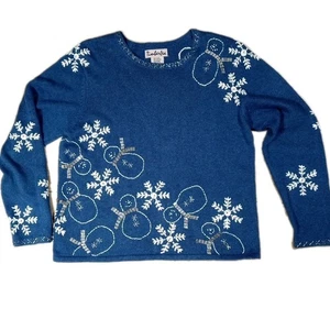 VTG Timberlea Snowman Sweater Beaded Embroidered Pullover M Blue Holiday Teacher - Picture 1 of 5