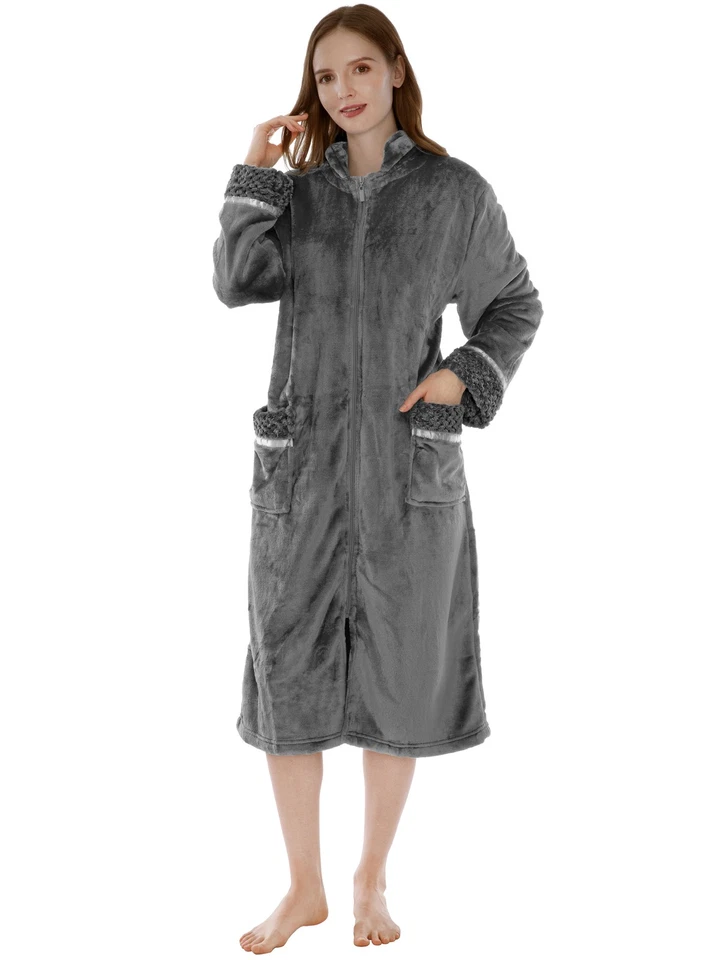 Mujeres Cremallera Bata Casa Abrigo Tumbona Cremallera Bata Largo Completo Borde Satinado Damas Foto 1 de 1