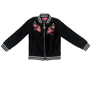 Betsey Johnson Girls Floral Embroidered Bomber Jacket Black Size 5 Needs Repair - Picture 1 of 13