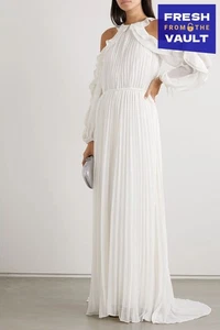 RRP €745 SELF-PORTRAIT Chiffon Maxi Dress Size M Frill Pleated Cold Shoulders - Picture 1 of 5