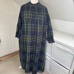 Vestido Ichi Antiquites Talla Única Azul Marino y Verde Cuadros Tartán 100% Lino Midi Japón - Imagen 1 de 10