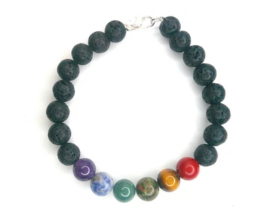 Chakras Black Lava Gemstone Bracelet Handmade Spiritual Rainbow Jasper - Image 1 of 4
