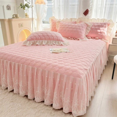 Milk Velvet Lace Bed Skirt Chic Bedspread Queen King Size with 2 Pillow Shams - Image 1 of 4