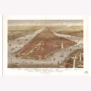 Mapa de la ciudad de Nueva York; Bajo Manhattan; antiguo mapa para ojos de pájaro, c.1884 - Imagen 1 de 11