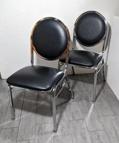 Vintage Pair of Chrome & Black Vinyl Stacking Dining Chairs Mid Century Modern Cover