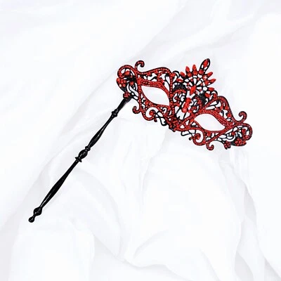 Masquerade Mask with Stick, Masquerade Wedding, Red Crystal Mask, Venetian Mask - Image 1 of 4