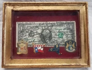 Billete de dólar enmarcado firmado con recuerdos del Club de Leones de la década de 1970 + alfileres de sombrero pinback - Imagen 1 de 16