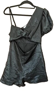 Topshop UK12 Black Playsuit Waist Cut-out One Shoulder Romper Shorts Party VGC - Picture 1 of 15