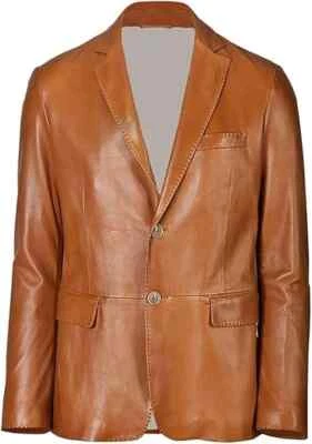 New Men Blazer Brown Two-Button Handmade Genuine Leather Lambskin Formal Wear - Image 1 of 4