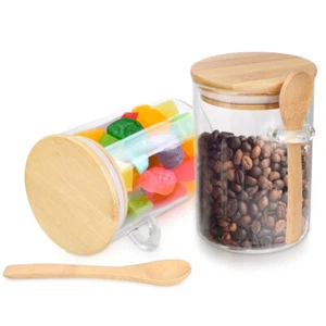 Set of 2 Glass Storage Jars with Bamboo Lids Airtight Kitchen Storage Jar 450ml - Picture 1 of 11