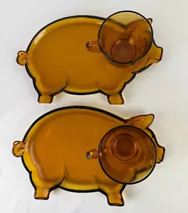 Vintage 1970's Tiara Amber Glass Pig Snack Plates and Cups *** in Original Box - Picture 1 of 8