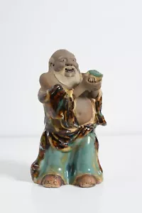 Antique 1800s Chinese Shiwan BUDDHA figure holding peach. Kintsugi repaired. - Picture 1 of 10