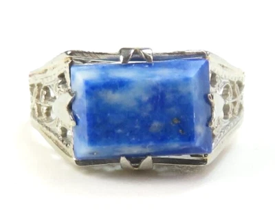 Antiguo anillo de oro blanco de 14K lapislázuli grabado de 1920 talla 5,5 UK-K1/2 decorativo Foto 1 de 4