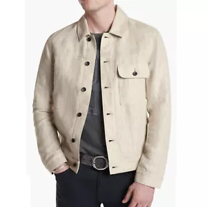 John Varvatos Collection Men's Drew Linen Blend Button Trucker Jacket Fossil - Picture 1 of 6