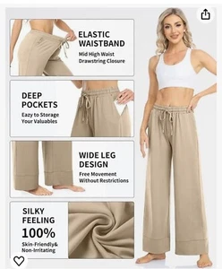 Tarse Wide Leg Palazzo High Waist Casual Sweatpants With Pocakets Yoga Pants New - Picture 1 of 9