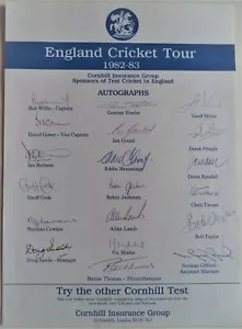 HOJA AUTÓGRAFA OFICIAL DE CRICKET CENIZAS 1982-83 DE INGLATERRA A AUSTRALIA - Imagen 1 de 1