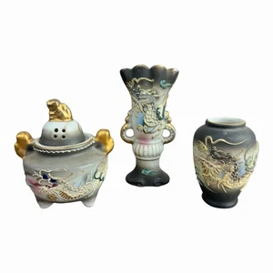 Vintage 1940er Japan Dragonware 3-teiliges Set Moriage Vase Räuchergefäß handbemalt - Bild 1 von 24
