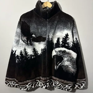 Vintage Black Mountain Deep Pile Fleece Jacket Eagle AOP Nature USA Made Sz L - Picture 1 of 9