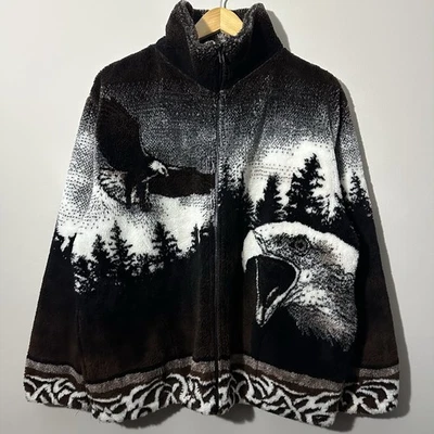 Vintage Black Mountain Deep Pile Fleece Jacket Eagle AOP Nature USA Made Sz L - Image 1 of 4