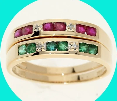 Natural Diamond Ruby Emerald Band Style 2PC Ring Set .35CT 14K YG Size 7 - Image 1 of 4