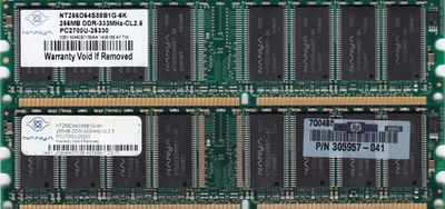 512MB 2x256MB PC-2700 NANYA DDR-333 RAM KIT NT256D64S88B1G-6K HP 305957-041 DDR1 - Image 1 of 3