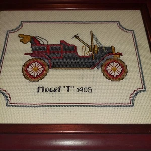 Vintage Framed Ford Model T 1905 Needlepoint Embroidery 11”x9.25” Car Art - Picture 1 of 11
