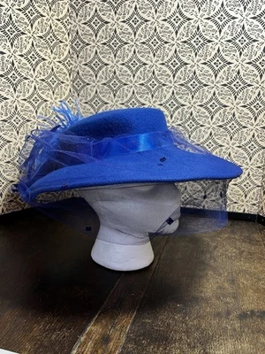 Vtg Hat Royal Blue Ribbon Net Feathers GEORGI 5th Avenue Michael Howard Wide - Image 1 of 4