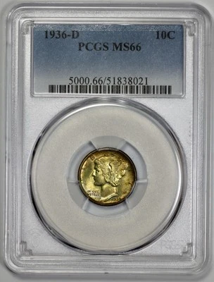 Moneda de diez centavos de plata Mercury 1936-D graduación profesional MS 66 tonificada Foto 1 de 4